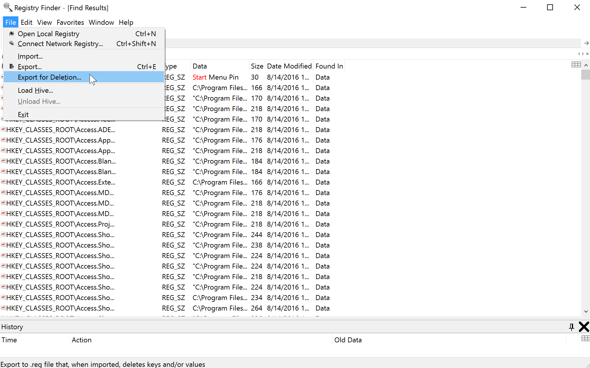 registry finder export deletion