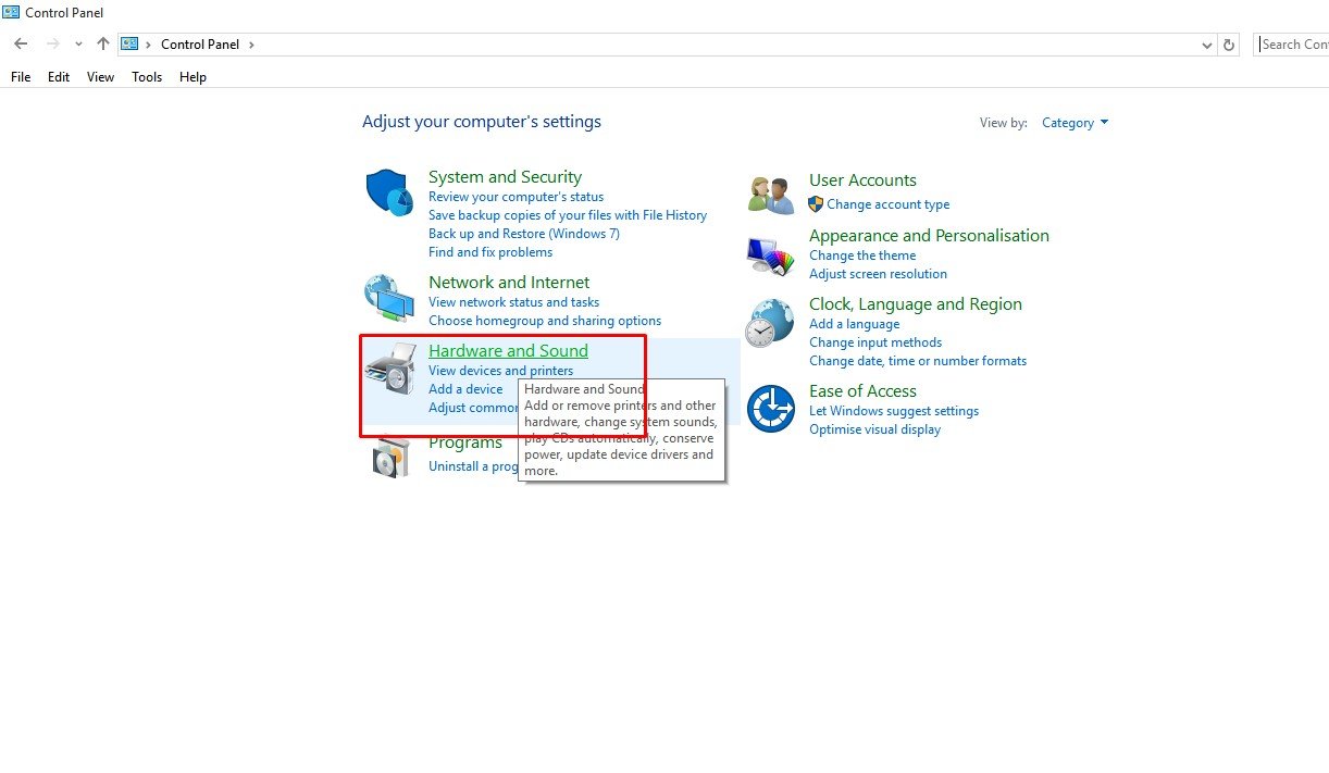 Click on the Hardware and Sound option