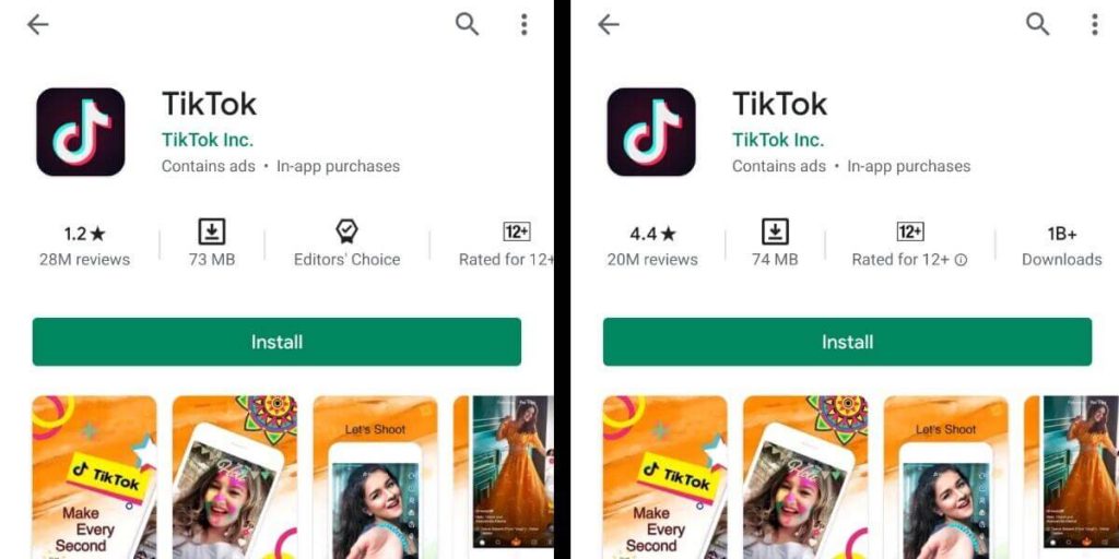 TikTok Google PlayStore Ratings