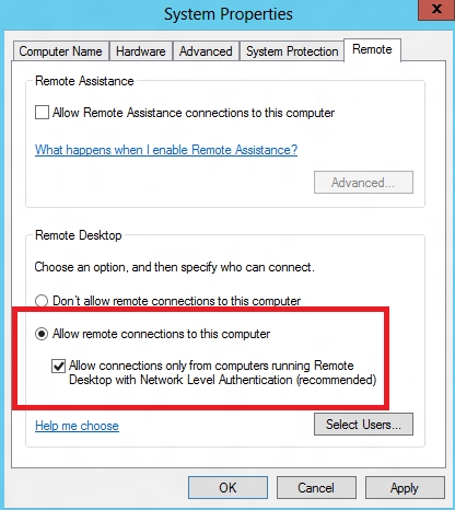 Enable the Allow remote connections to this computer