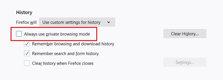 Check the box beside 'Always use Private browsing mode'