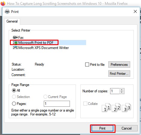 Select 'Microsoft Print to PDF' under the Select Printer option