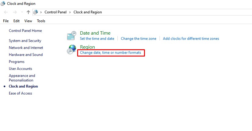 click on the 'Change date, time or number formats'