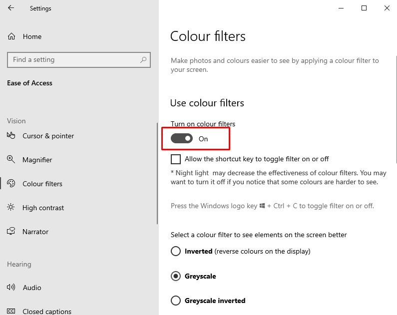 enable the 'Turn on color filters' slider