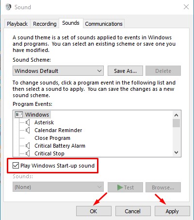 enable the 'Play Windows Startup Sound' option