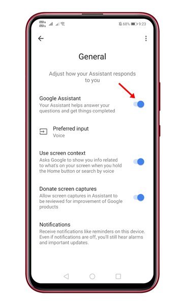 use the toggle button behind the Google Assistant