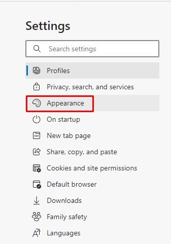 click on the 'Appearance' option