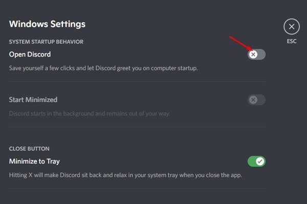disable the toggle for 'Open Discord'