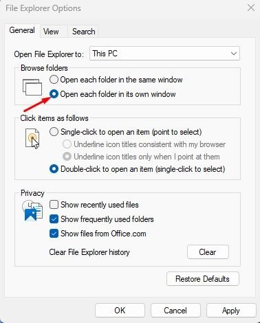 Open each folder in its own window