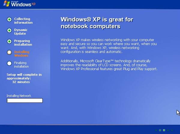 Windows XP installs the network