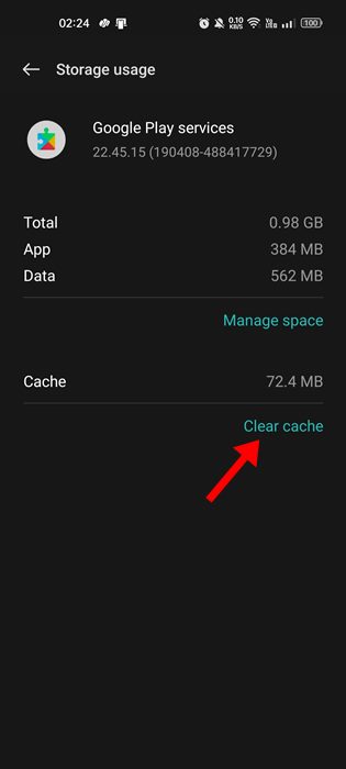 clear the cache for Google Play Services