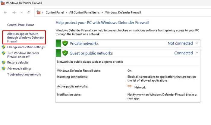 'Allow an app or feature through Windows Defender Firewall
