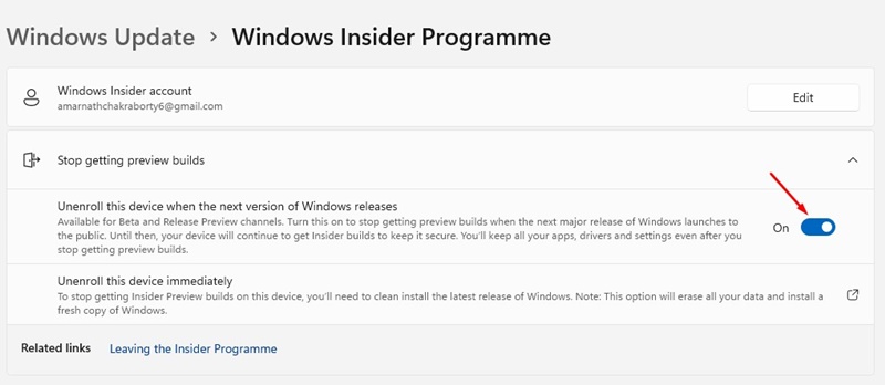 Unenroll this device when the next version of Windows Releases