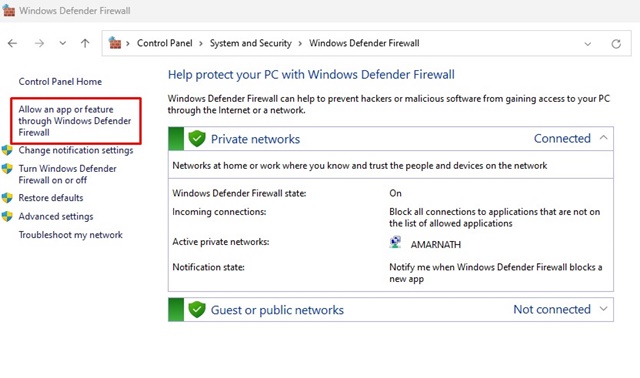 Allow an app or feature through Windows Defender Firewall