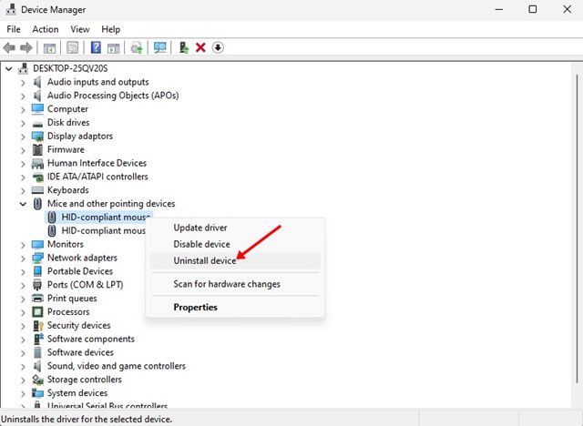 Mouse and select Uninstall device